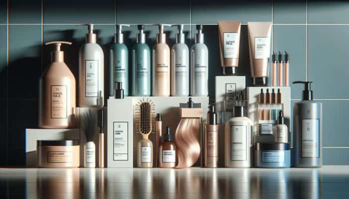 A variety of hair care products on a shelf, enhancing the shine and health of colour-treated hair.