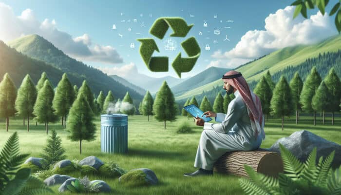 Person reading eco-friendly quotes on a tablet amidst lush greenery, symbolising sustainable clearance services.