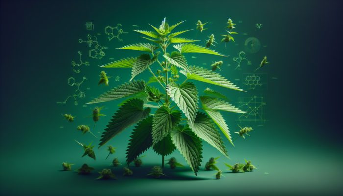 Benefits of Nettle for Allergies: A vibrant nettle plant with lush green leaves, rich in anti-inflammatory flavonoids, blocking histamine receptors to relieve allergy symptoms.