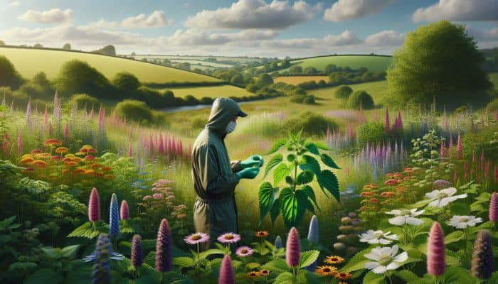 UK specialist with nettle leaves in a blooming countryside, symbolizing natural allergy relief.