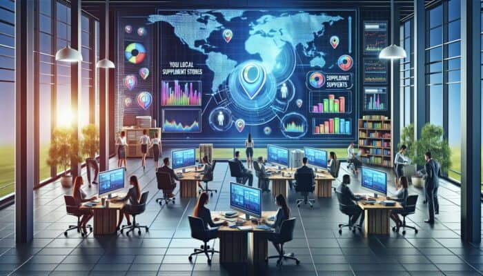 A digital marketing office with a map of local supplement stores, SEO graphs, and collaborating experts.