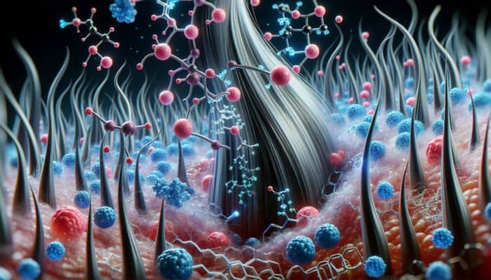 Hair follicle revitalized by protein molecules, with professional hair care products in background.