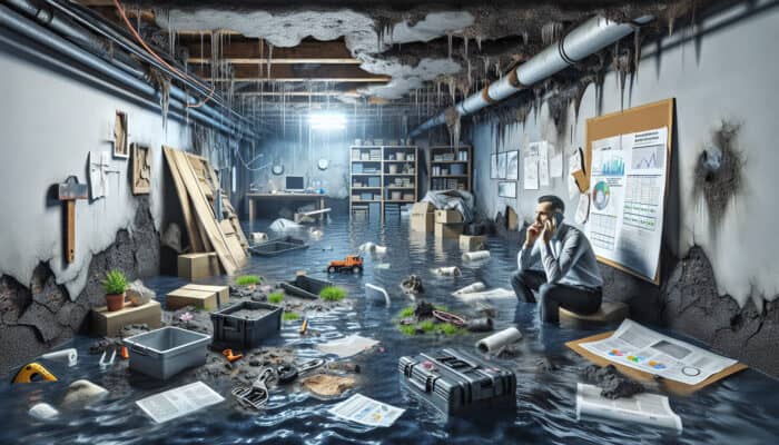 Drainage Repair Services in Vancouver: A flooded basement showing water seepage, mold, and a homeowner calling for urgent repairs amidst structural damage.