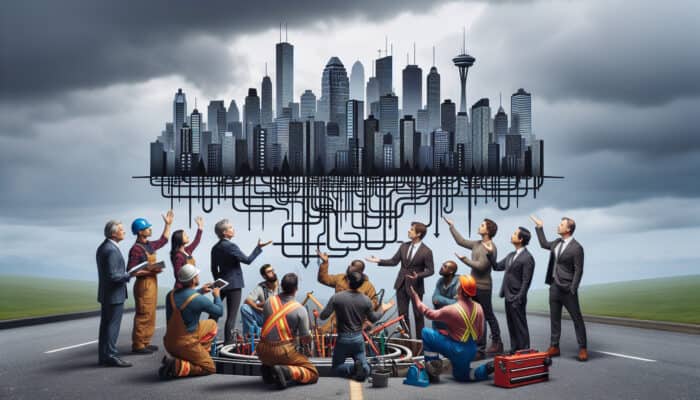 Group of drainage repair experts in Vancouver discussing strategies with a city map, under cloudy sky.