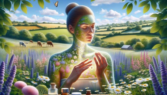 A woman applying a herbal remedy in a serene UK countryside with chamomile and lavender.