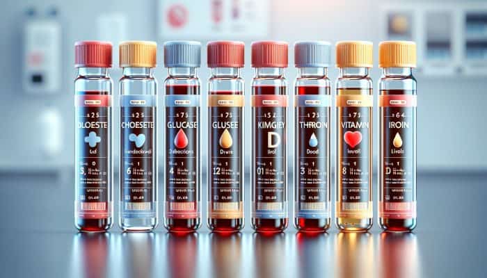 Illustration of blood test vials labeled with various health markers on a clinical background.