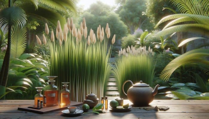 How Lemongrass Aids Relaxation: A serene UK garden with lemongrass stalks, tea sets, and essential oil bottles, all under a tropical glow.