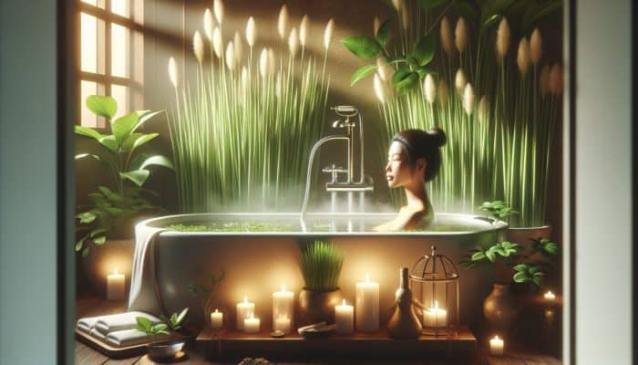 A serene spa with lemongrass, steam from a hot bath, and a person relaxing in soft lighting.