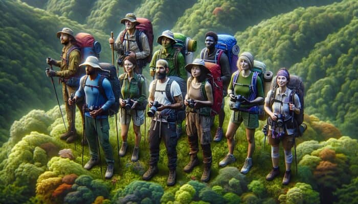 Passionate hikers on off-the-beaten-path trails with eco-friendly gear, showcasing niche audience interests.