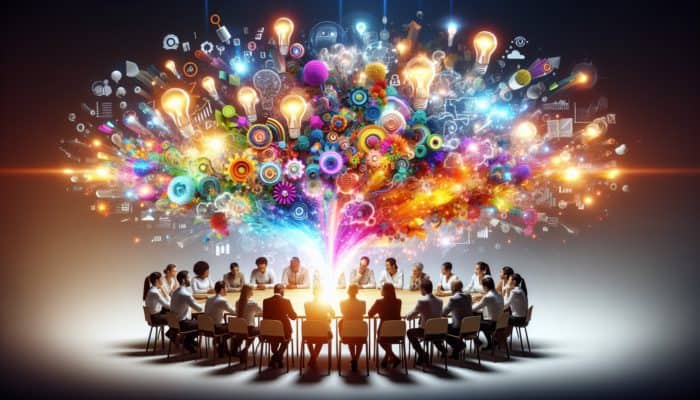 A diverse team brainstorming around a glowing table, merging ideas into innovative content captivating a global audience.