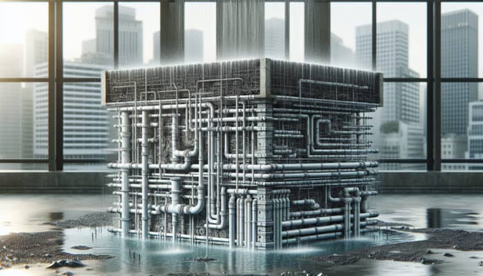 Perimeter Drainage Services in White Rock: A cross-section of a building's foundation with pipes and channels redirecting water away on a rainy day.