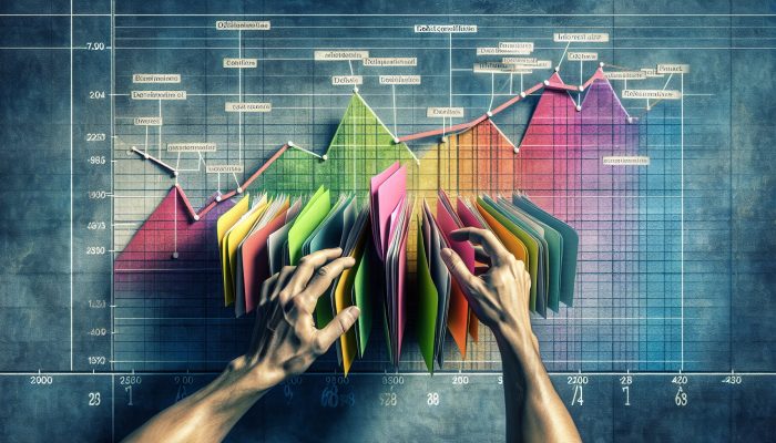 Debt Consolidation vs Selling Assets to Pay Debt: UK Guide | DCL A person organising multiple colourful debt papers into one folder, symbolising debt consolidation, with financial charts showing decreasing interest rates.