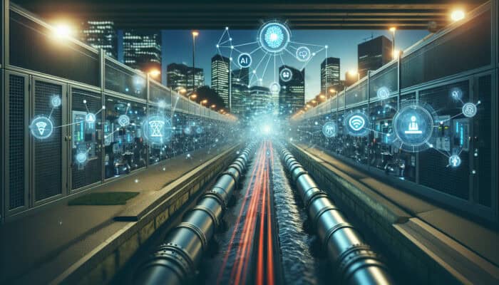 A futuristic sewer system in Surrey with AI and IoT, showing real-time data and predictive alerts on a digital interface.