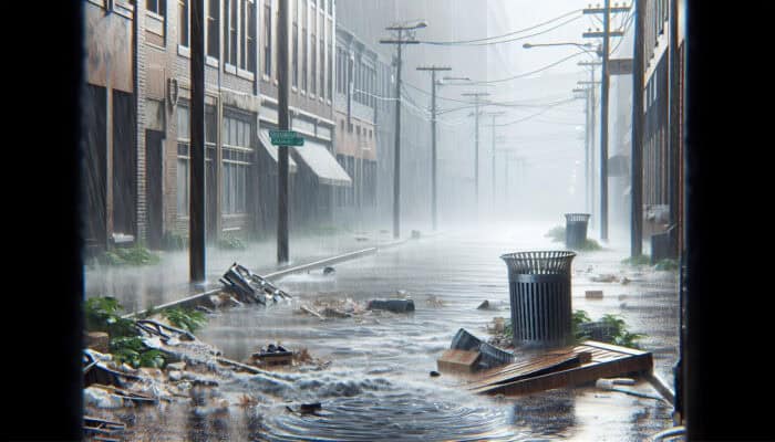 Catch Basin Drainage Services in Richmond: A flooded urban street in Richmond with slow-draining water, standing puddles, and debris around a neglected catch basin under heavy rain.