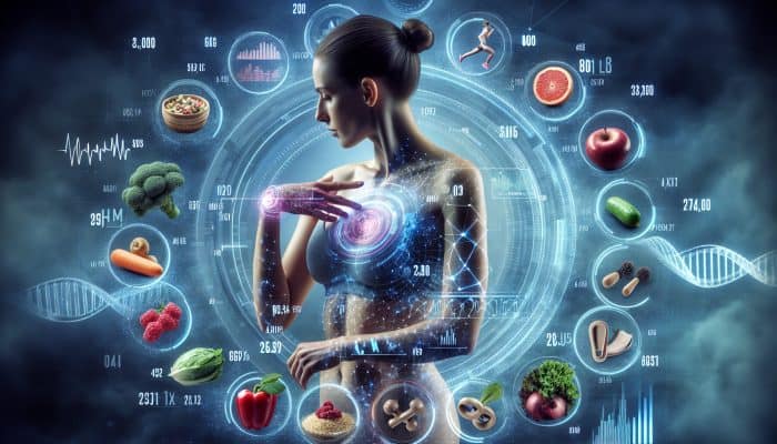 A UK woman using digital tools to track health metrics, surrounded by nutrition and exercise symbols, embodying biohacking for well-being.