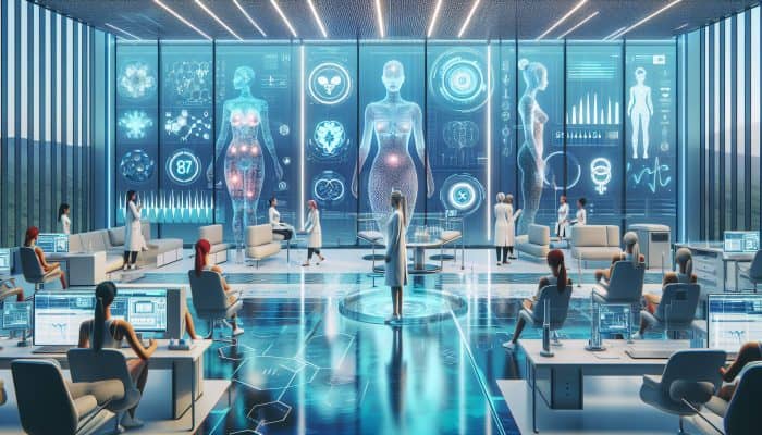 Women in a futuristic UK clinic using biohacking technology for health enhancement.