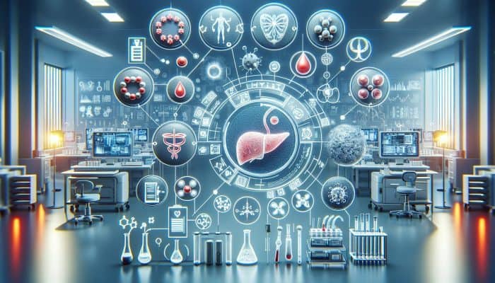 Liver Blood Test in Hastings: Illustration of blood tests assessing liver health in a clinical lab, with labeled vials for proteins, enzymes, and substances.