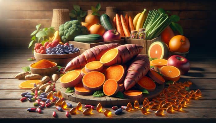 Sliced sweet potatoes with health symbols like vitamins and antioxidants on a rustic table.