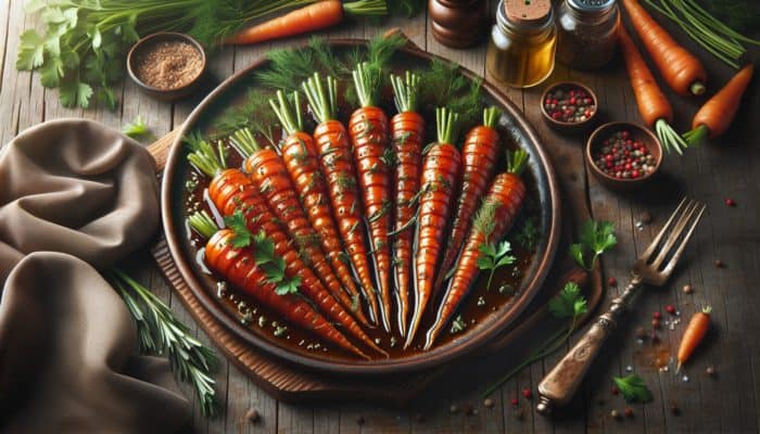 Glazed carrots with dill, parsley, thyme, and rosemary on a rustic wooden table.