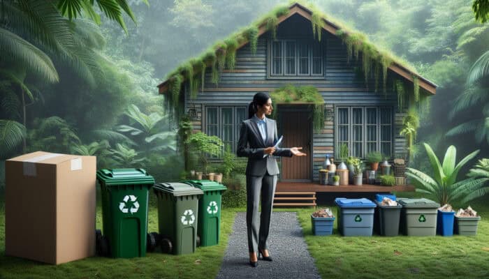 A professional discussing green waste regulations beside a cleared house with organized compost and recycling bins in a lush garden.