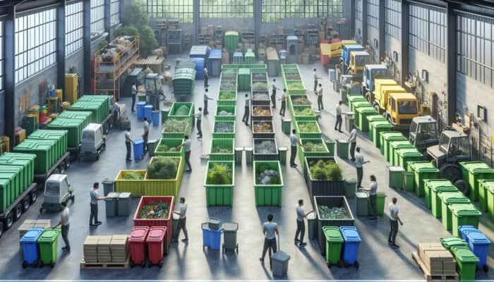 A house clearance team sorting garden waste into labeled bins at a recycling facility, emphasising eco-friendly practices.