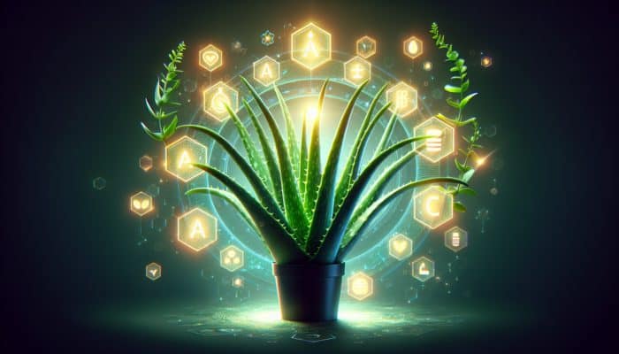 Aloe vera plant with vitamins A, C, E icons, promoting healthy scalp and hair growth.