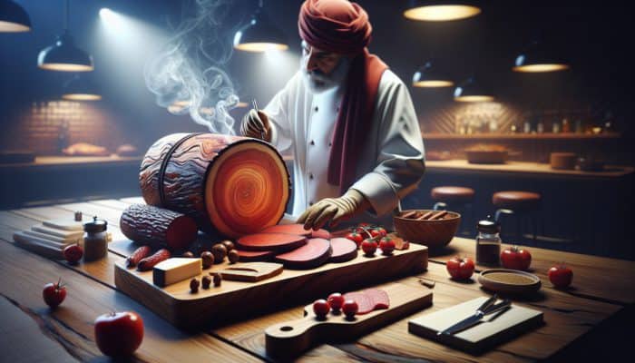 Using Cherry Wood for Sweet Smoke Flavor: A chef smoking meats and cheeses with cherry wood, known for its rich red color and sweet aroma.