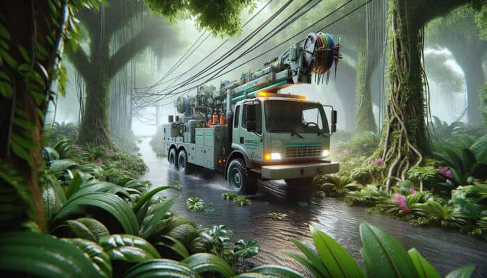 A North Vancouver drain service truck on a rainy day, navigating through lush vegetation with specialized equipment.