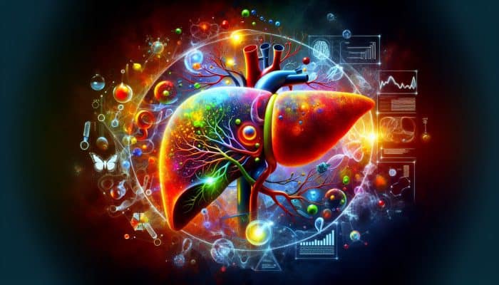 Nutrition for Liver Detoxification: Illustration of liver detoxification process, showing toxin filtration and metabolic functions in vibrant colors.