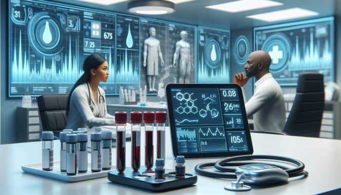 A modern clinic setup with diabetes blood test vials, glucose meters, and charts, showing a focused patient and healthcare professional.
