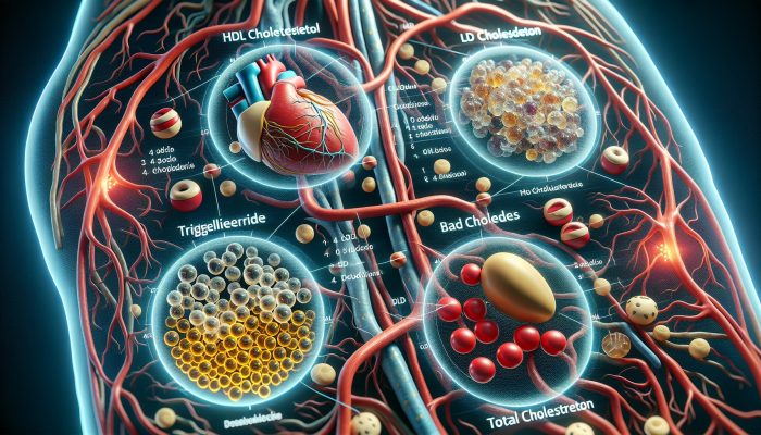 Illustration of cholesterol test showing HDL, LDL, triglycerides, and total cholesterol in circulatory system.
