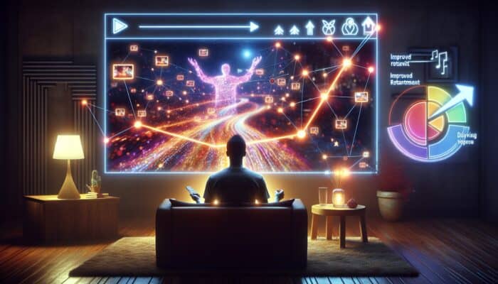 A viewer engaged with a playlist on a screen, graphs showing increased retention, in a cozy room.