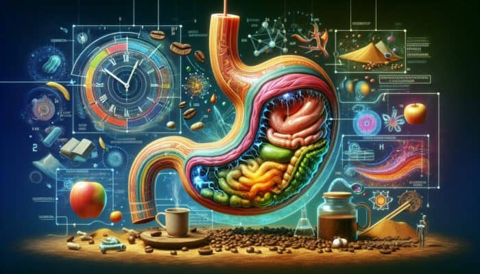 Timing Caffeine With Meals: Illustration of a stomach with increased acid and faster food movement, surrounded by coffee beans and a clock.