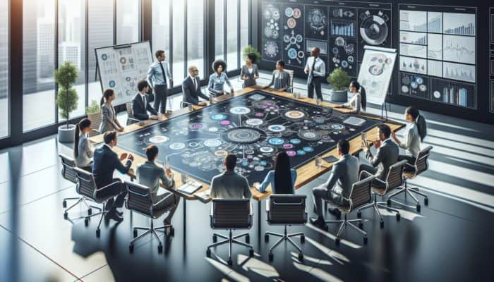 A detailed recovery strategy blueprint on a table, team members discussing and planning in a modern office.