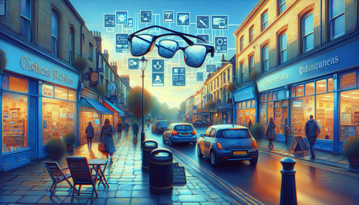 A bustling Yeovil street with diverse businesses, showcasing SEO-optimized signs and digital screens for local services.