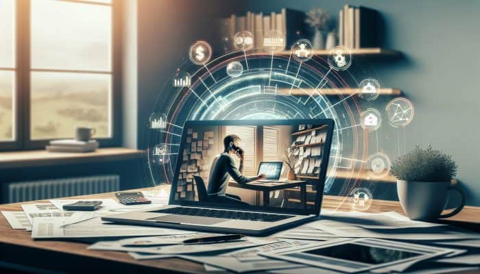 Understanding the Impact of Remote Work on Debt Consolidation: UK Insights | DCL A person in a serene home office on a video call, surrounded by financial documents and a laptop showing debt consolidation charts.