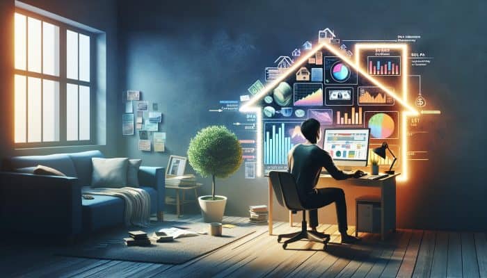 Understanding the Impact of Remote Work on Debt Consolidation: UK Insights | DCL A person in a modern home office studying financial literacy online, surrounded by charts on remote work trends and debt consolidation.