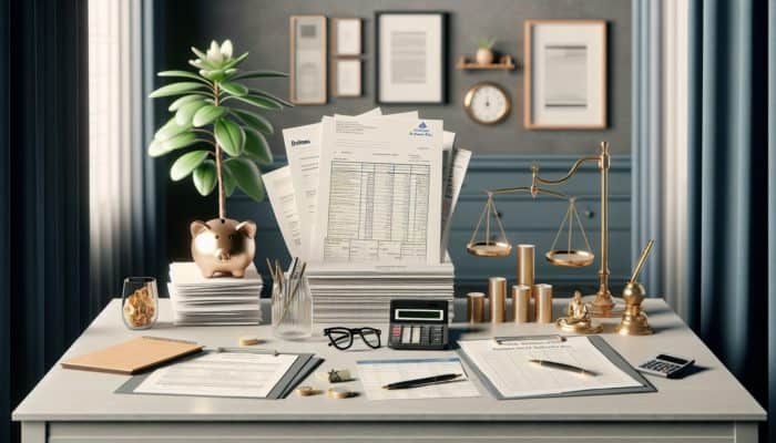 A detailed financial dossier on a desk in Delmas, including payslips, tax returns, bank statements, and asset-liability reports for home loan pre-approval.