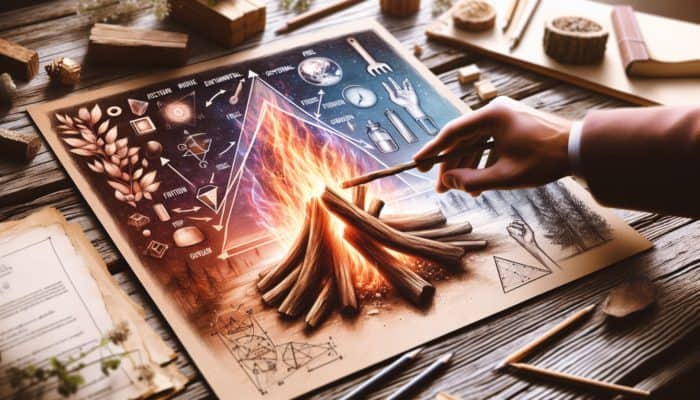 A hand ignites a fire using heat from friction, dry wood, and oxygen in a natural setting.