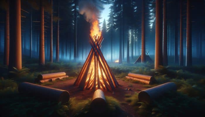 A vibrant campfire in a forest clearing at dusk, with flames in a teepee formation and log cabin stack.