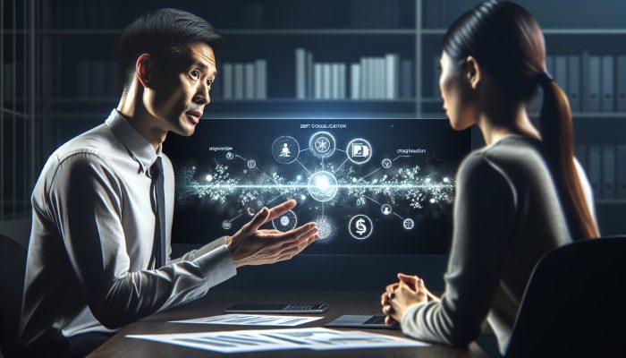 How to Consolidate Debt Without a Loan: UK Strategies | DCL Financial advisor discussing debt consolidation strategies with client using digital charts in a modern office.