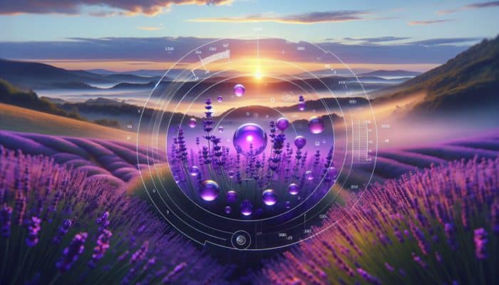 Best Herbs for Skin Hydration: A serene lavender field at dawn with vibrant purple blooms and a hydrating mist, UK countryside.
