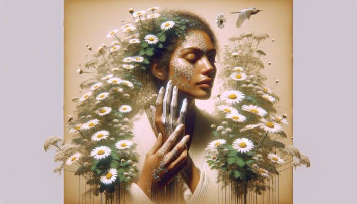 Woman applying chamomile lotion in a serene UK countryside, surrounded by blooming flowers.