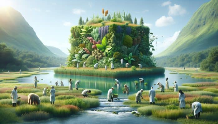 Sustainable Supplement Brands to Watch: A serene landscape with people harvesting sustainably sourced herbs and vitamins for eco-friendly supplements.