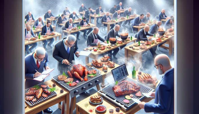 How to Analyze BBQ Competition Feedback: Judges at a BBQ competition evaluating dishes on taste, tenderness, and presentation, giving feedback to competitors.