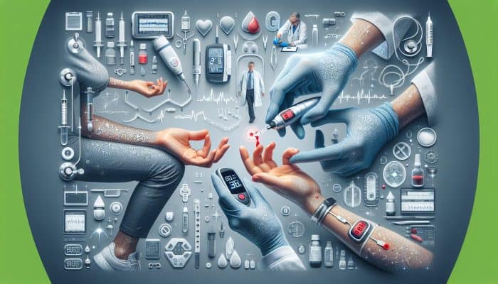 Illustration of various blood sugar tests including finger prick, HbA1c blood draw, and continuous glucose monitoring.