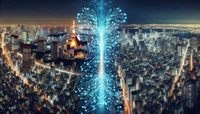 Combining Nootropics With Pre-Workouts: Tokyo and Silicon Valley skylines at night, connected by a glowing neural network symbolising nootropics' cognitive enhancement.