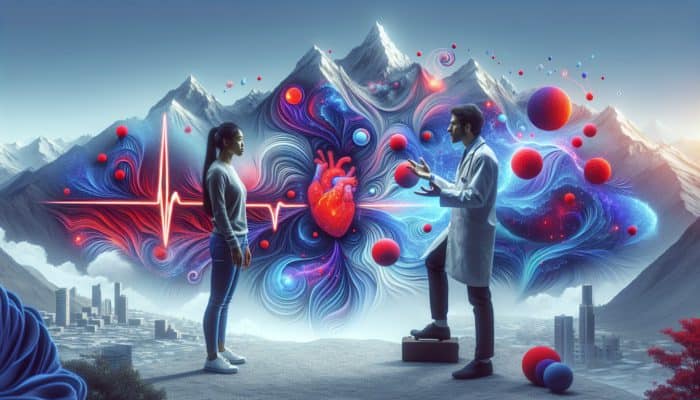 Person discussing nootropic and pre-workout supplements with a doctor, with charts and Andes mountains backdrop.