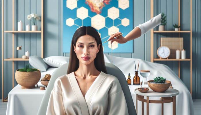 Facial Acupuncture for Skin Nutrition: A woman receiving facial acupuncture in a serene UK spa, showing radiant, youthful skin and calm.