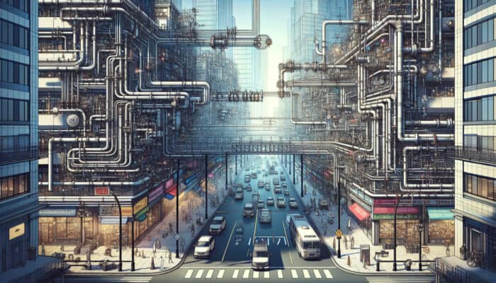 Commercial Plumbing Services in West End, Vancouver: A bustling commercial district in West End, Vancouver, with visible plumbing systems ensuring water supply and sanitation.